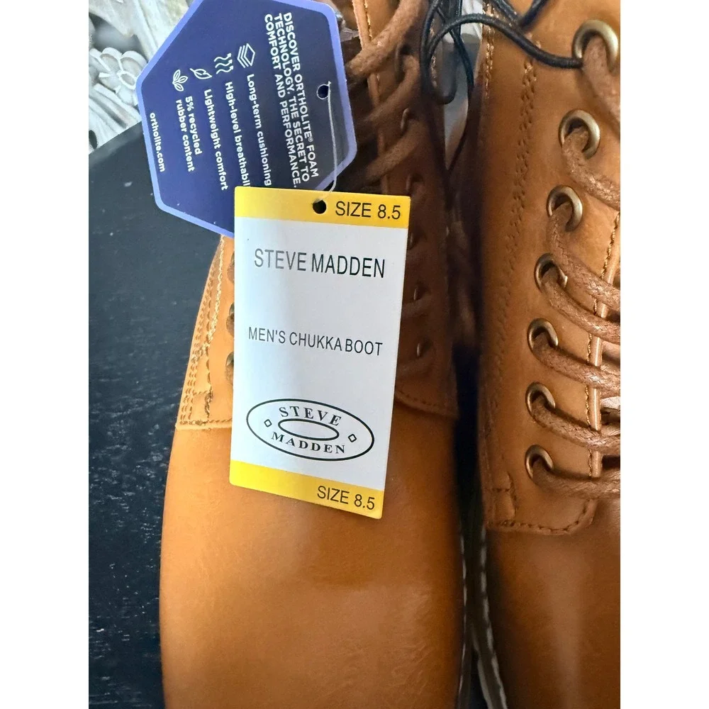 Steve Madden P-Bowery Mens Chukka Boots Cognac Side Zip Lug Sole Size 8.5 NEW